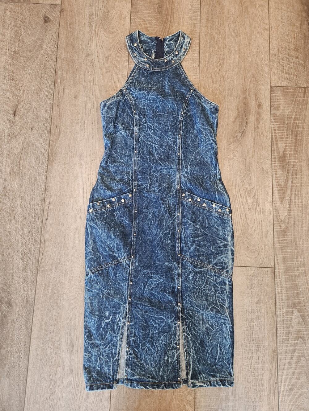 Vintage USA Fashion Acid Wash Denim Studded Halter Dress Small S Midi